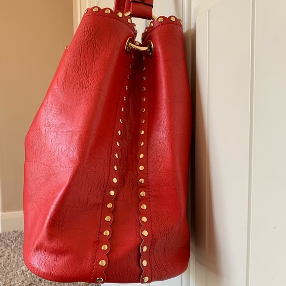 Handbags - Red Hobo Bucket Bag with Small Gold Studs